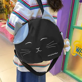 Холщовая сумка с забавным котом, большая вместительная Круглая мультяшная женская сумка через плечо, молодежная модная сумка-мессенджер, сумки-тоут, кошельки