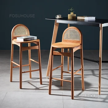 Кухонные барные стулья в скандинавском стиле из массива дерева Мебель для дома Современный бытовой японский барный стул из ротанга с простой спинкой Кафе Барные стулья